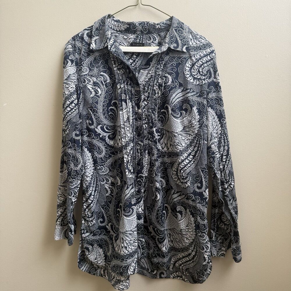 Talbots Womens Medium Navy Blue White Paisley Cotton Pleated Tunic Top Blouse M